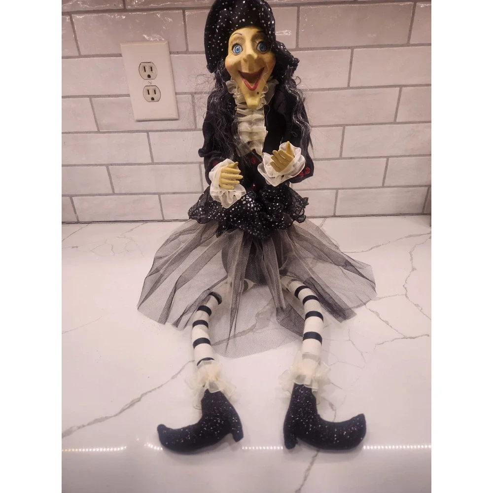Sitting Halloween Witch with Green Face and Hands Shelf Sitter Dangling Legs